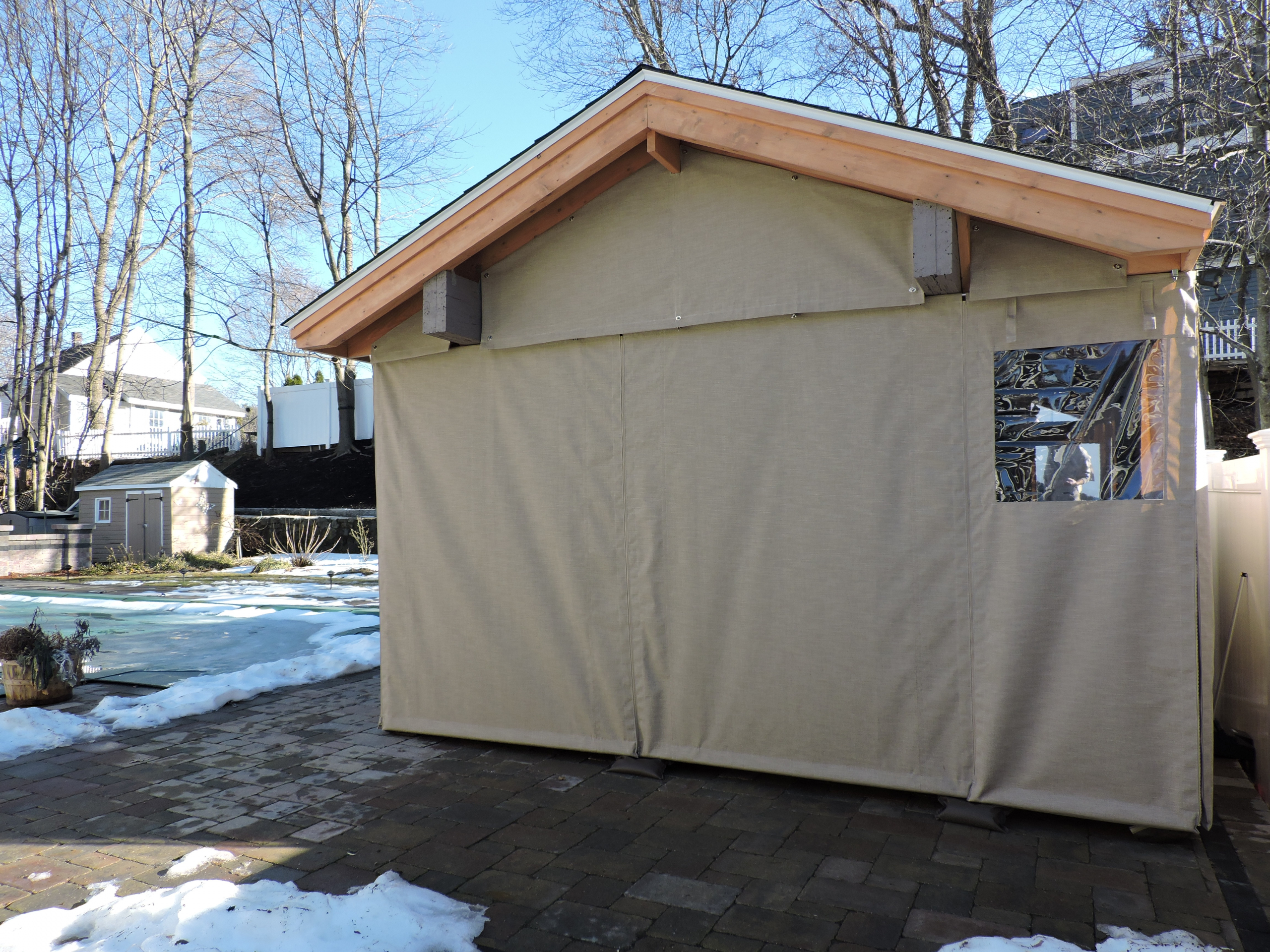fabric enclosure for pool cabana at Boston home